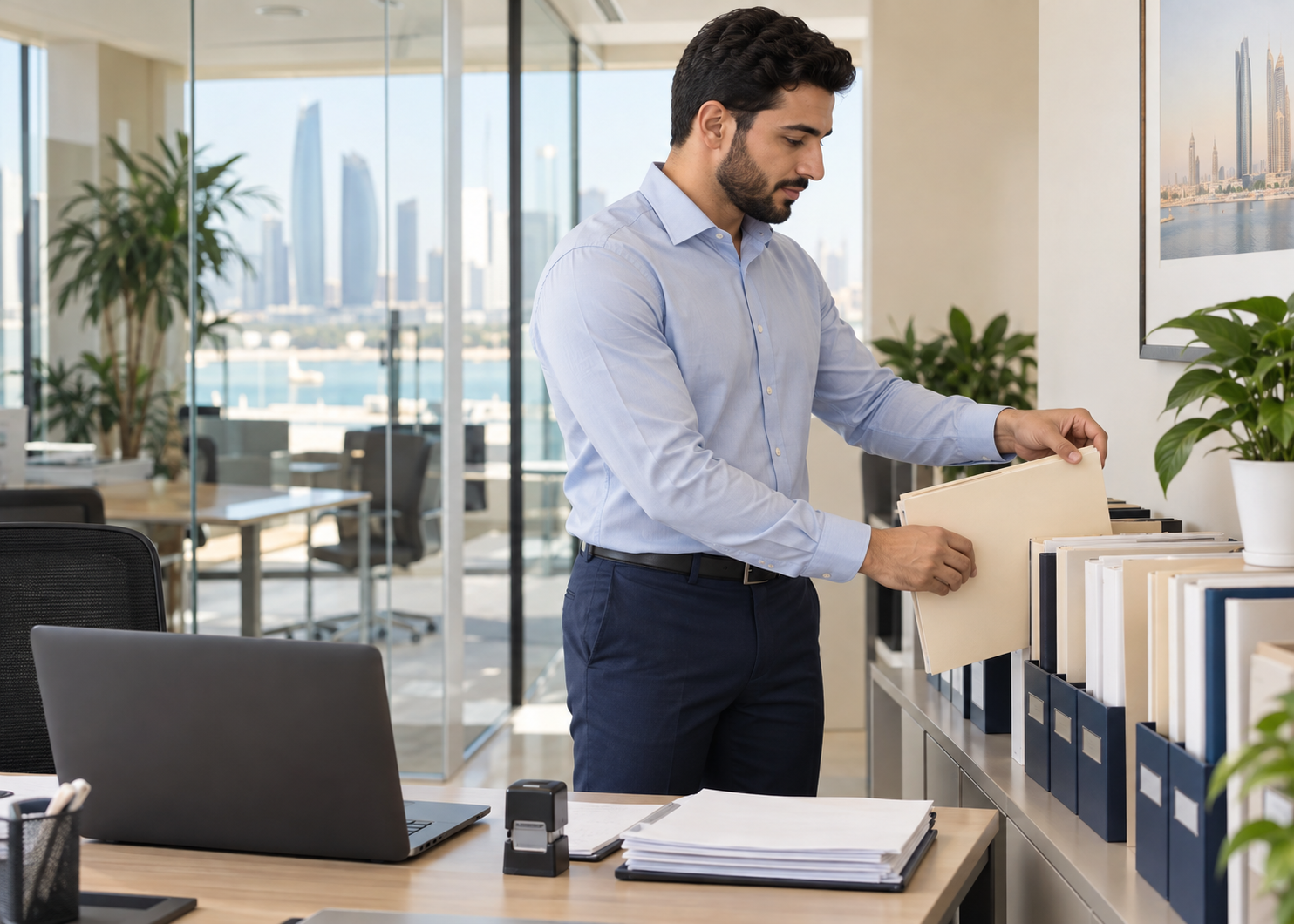 PRO professional organizing business documents in an Abu Dhabi office.