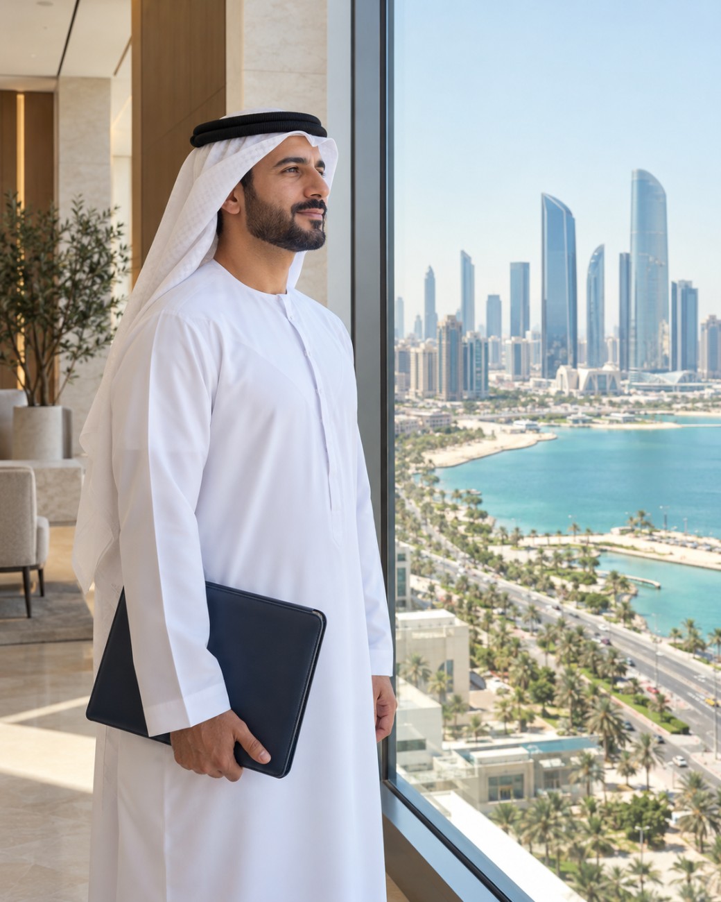 Emirati entrepreneur holding a portfolio beside an office window overlooking Abu Dhabi’s waterfront.