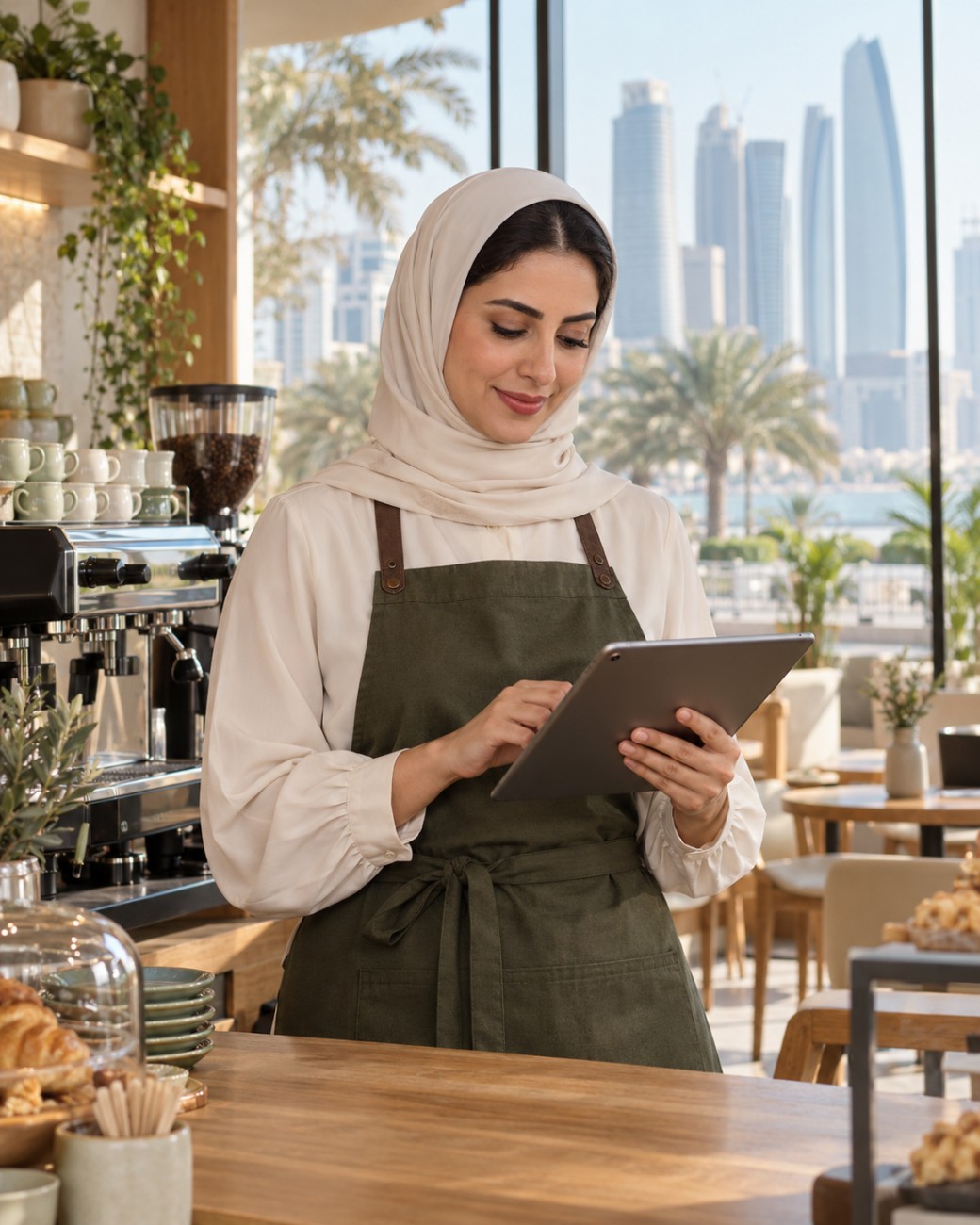 Female café owner using a tablet behind the counter in an Abu Dhabi café.