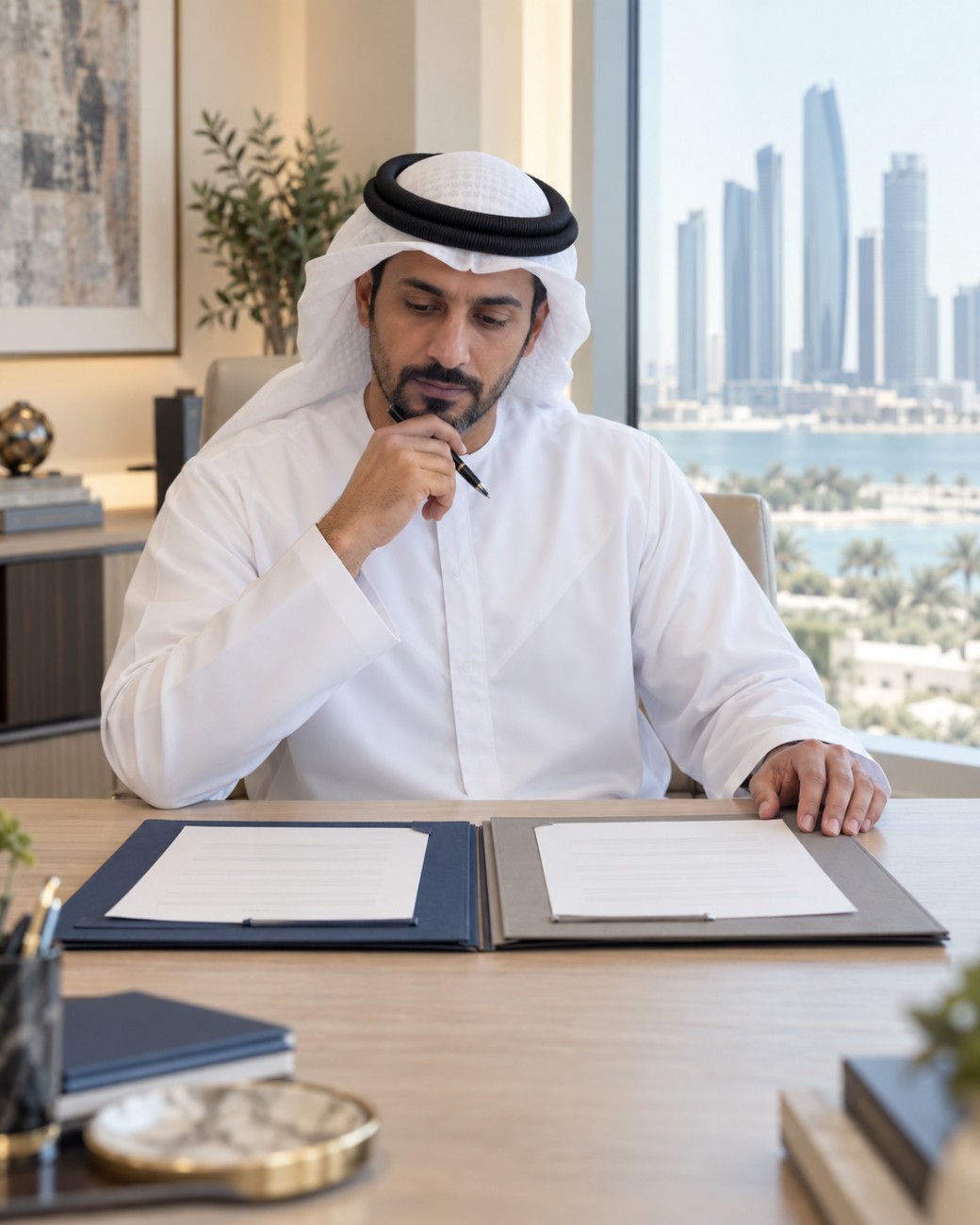 Emirati entrepreneur comparing two business proposals at an office desk.